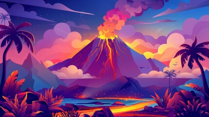 This modern cartoon shows an eruption of a volcano with lava flows and smoke clouds. The landscape displays a mountain with a crater and lava flowing, rocks, a river, tropical plants and palm trees.