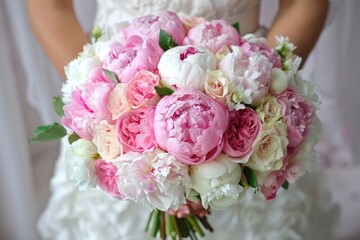 Bouquet Wedding. Closeup of Bride Holding Pink Peony Bouquet on White Background