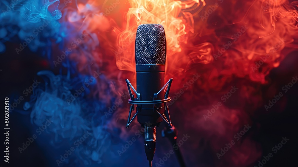Poster Microphone on dark background with blue and red smoke for podcast or studio music recording. The smoke appears in the style of blue and red. Generative AI.