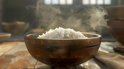 A bowl of rice is steaming on a wooden table