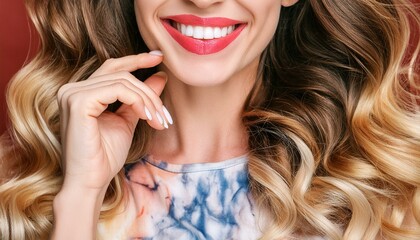 A happy beautiful young woman with a perfect pearl white fresh smile and warm friendly smile, long hair and red lipstick