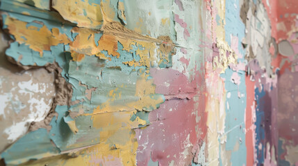 The wall is covered in peeling paint and has a colorful, abstract design