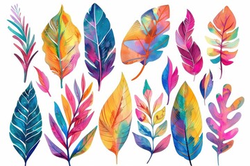 Painted Leaf Collection: Tropical Flora Hand-Drawn with Bright Gouache Colors