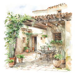 Charming watercolor scene of mexican patio