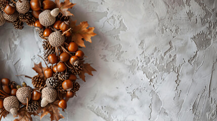 Beautiful acorn wreath on light wall closeup 