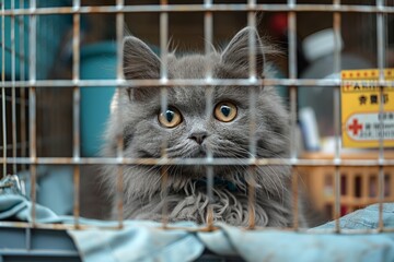 Concerned Persian Cat in Isolation Kennel Generative AI