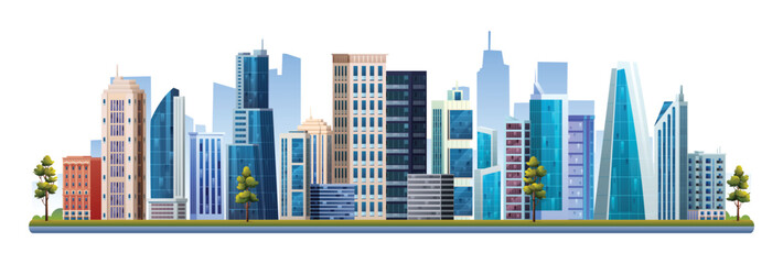 Modern city with skyscraper buildings vector illustration. Cityscape isolated on white background