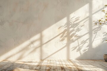Wall Template. Aesthetic Geometric Shadows on Textured White Wall with Wooden Floor, Ideal for Home Room Interior Design Showcase
