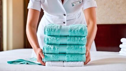 Close-up of a female masseur holding a stack of towels