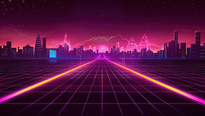A digital landscape with neon grid lines and geometric shapes, representing the futuristic world of...