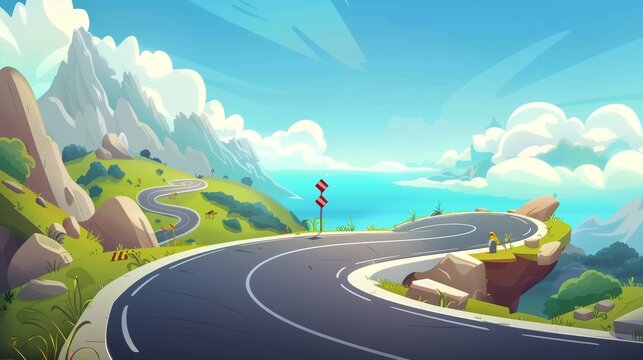 The scenic mountain road has sea views. Curly empty highway in an idyllic summer time country landscape with turn signals. Cartoon modern illustration of speedway travel with blue clouds.