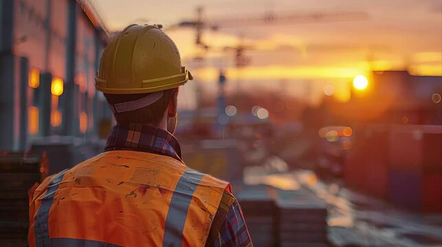 A Builder&rsquo;s Contemplative End to the Day at the Construction Site.Builder's end-of-day reflectio.A construction worker or foreman at a construction site.