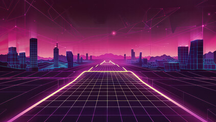 A digital landscape with neon grid lines and geometric shapes, representing the futuristic world of...