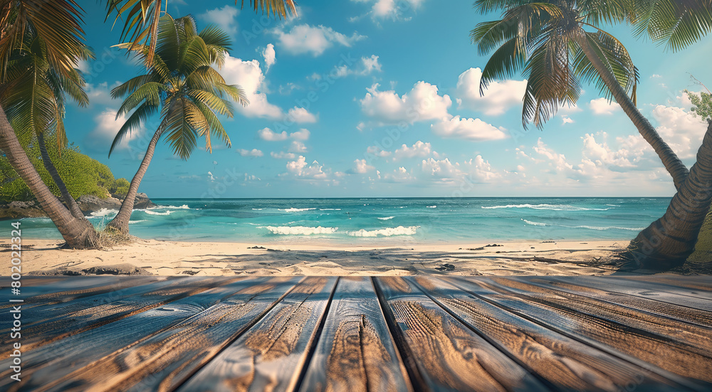 Poster A tranquil scene of a wooden table overlooking coconut palm trees swaying gently in the ocean breeze, capturing the essence of summer holidays. Generative AI.