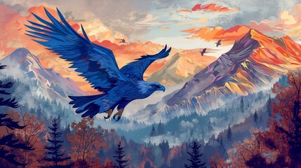 an artwork of a blue eagle with mountains and trees, in the style of dark gray, nostalgic natures, detailed, layered compositions, colorful fauna,
