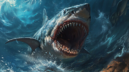 Great white shark watercolour painting showing its powerful dangerous teeth while swimming in the ocean  ecosystem, stock illustration image