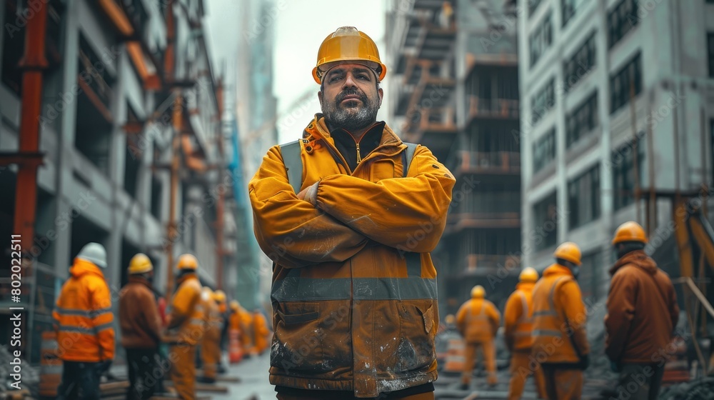 Poster a foreman surrounded on both sides by a group of similar construction workers at construction site. 