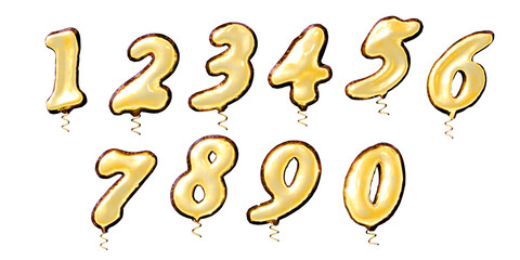 realistic isolated gold foil balloons of numbers 1 2 3 4 5 6 7 8 9 0 on the transparent background