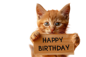 Cute Orange Kitten Holding "Happy Birthday" Sign on Transparent PNG