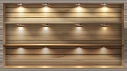 This realistic mock up shows empty wood shelves with spotlights in a library or a store. Lights illuminate timber planks on display for a gallery or exhibition.