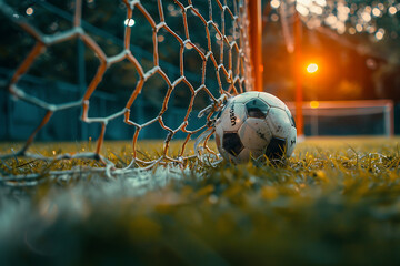 Closeup of a soccer ball in a goal, on a green grass field with a net and background. Football...