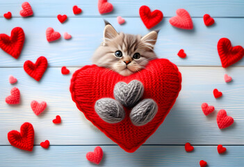 A red knitted heart in the paws of a gray fluffy cat  with heart-shaped elements.