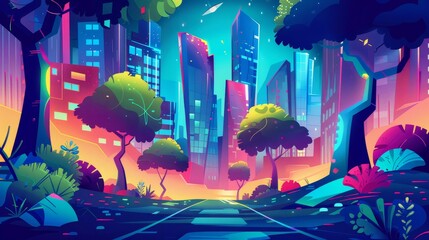The future city, night town landscape with skyscrapers, neon lights, plants, and trees of a technopunk cityscape. Modern cartoon illustration of a cityscape with cyberpunk architecture, plants, and