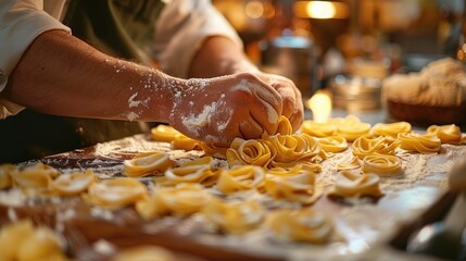 A chef hand lovingly shape pasta dough into heart-shaped, adding a touch of romance to the evening meal. Generative AI.