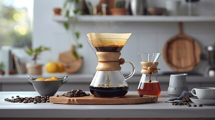 elegance of coffee brewing with a close-up shot of a Chemex coffee maker in action, surrounded by carefully arranged coffee accessories.