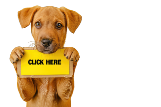 Adorable Attentive Puppy with "Click Here" Sign on Transparent PNG