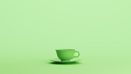 Green mint tea cup saucer plate dishware tea cafe pottery soft tones background 3d illustration render digital rendering