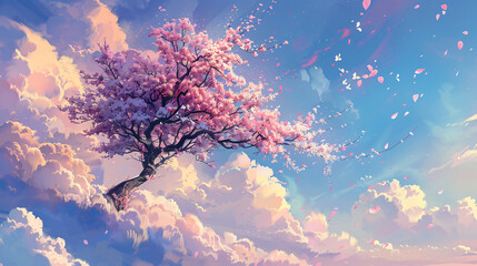 Beautiful blossoming tree on sky background - obrazy, fototapety, plakaty