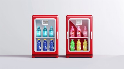 Water bottles in a mini fridge, a digital ads display on the fridge door, and a transparent glass door. Three-dimensional modern cooler with drinks on shelves. Back view of 3D modern cooler with