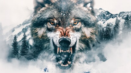 A vicious wolf's face is double exposed in front of snow-covered forest trees and a waterfall in a mountain. The image is a photorealistic airbrush color