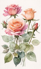 A painting of three pink roses with green leaves