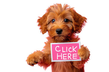 Cute Playful Puppy with Pink and White  "Click Here" Sign on Transparent PNG