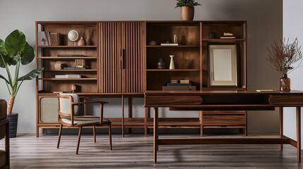 editorial image of walnut furniture from the mid-century. Add a desk, low-level cabinets, and open shelving.