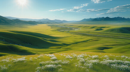 Beautiful Mongolia grassland. Generative AI.