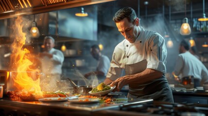 Photo of chef working and using wok stirring vegetables. Cook in uniform cooking food by holding wok with fire at modern kitchen. Close up of asian chef hand cooking and burning meat with fire. AIG42.