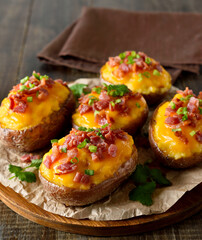 Baked stuffed potatoes with bacon, green onion and cheddar cheese