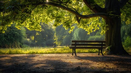 idea of relaxation with a photograph of a comfortable bench positioned under the shade of a sprawling tree, providing a shady spot for contemplation.