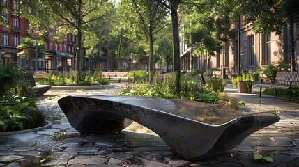 idea of urban renewal with a striking image of a modern bench in a revitalized city square,...