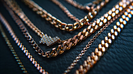 Beautiful chain necklaces on dark background --ar 169