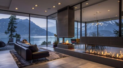 Obraz premium The sleek linear fireplace is artfully positioned in the corner of a room allowing guests to enjoy its warmth and admire the breathtaking scenery outside its glass walls. 2d flat cartoon.