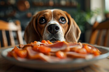 Curious Beagle Sniffs Deli Turkey Generative AI - obrazy, fototapety, plakaty