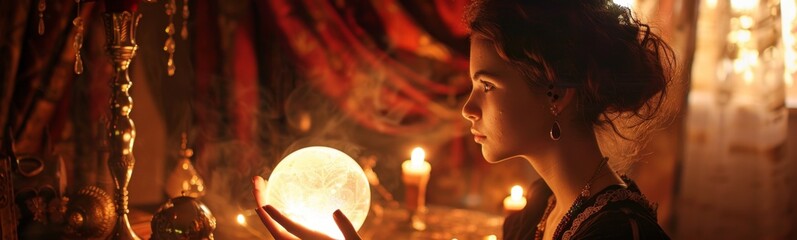 Woman holding a crystal ball in her hand. Fortune teller background. Banner