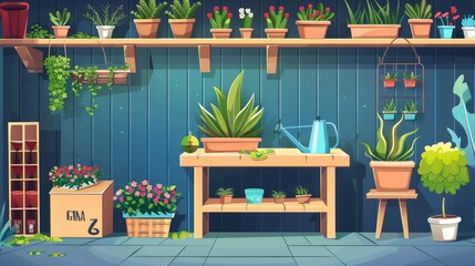 The interior of an orangery or floristic shop is illustrated with green greenhouse plants, potted flowers, a wooden table and shelves, a watering can with a green tree, and a pot with a watering can. - obrazy, fototapety, plakaty