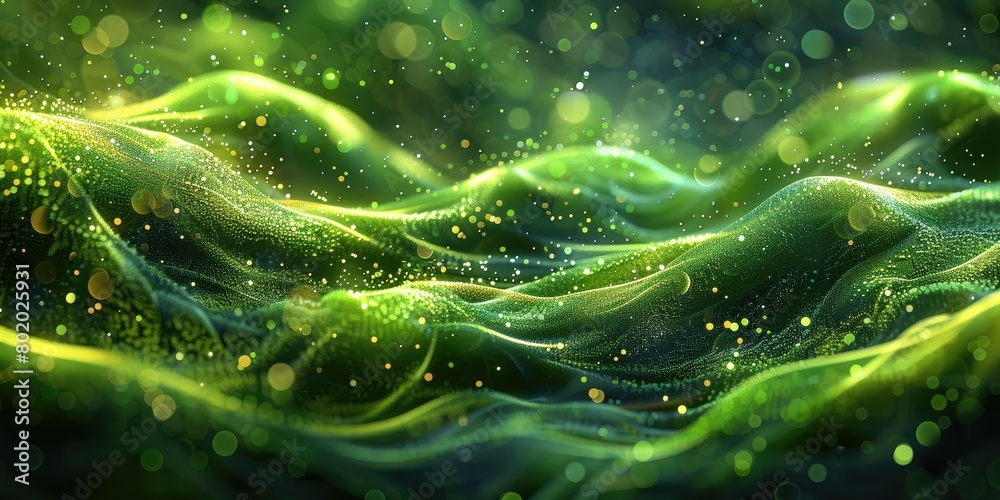 Poster Glowing moss green wave with floating particles on a dark background. Generative AI.
