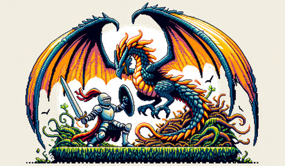 knight facing wyvern dragon in wilderness nest wyvern dragon with full armory pixel art illustration