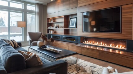 Obraz premium In a sleek and elegant living room a custom entertainment unit with builtin gl fireplace steals the show. 2d flat cartoon.